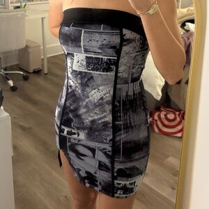 Strapless Black & Gray Photo-Print Bodycon Dress